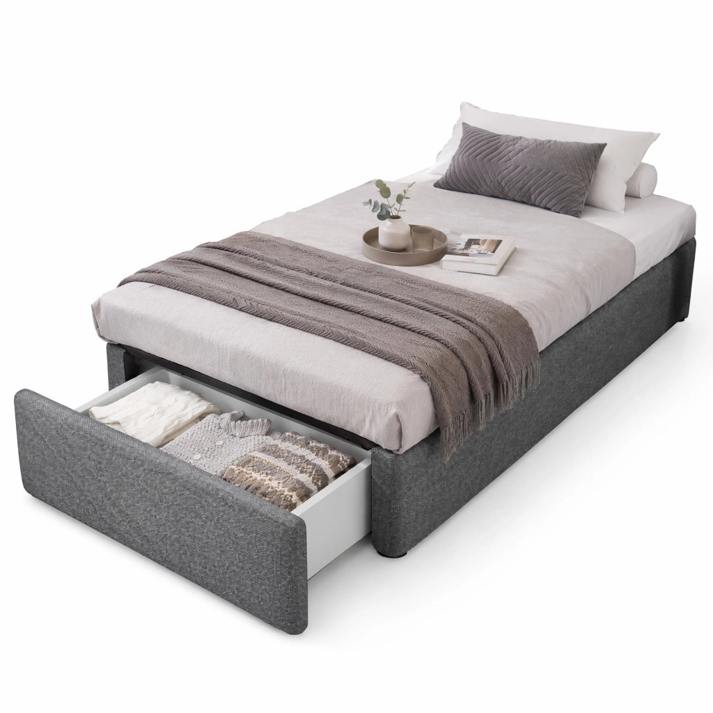 Letto imbottito 90x200 cm senza testiera; con contenitore idraulico e cassetto; grigio
