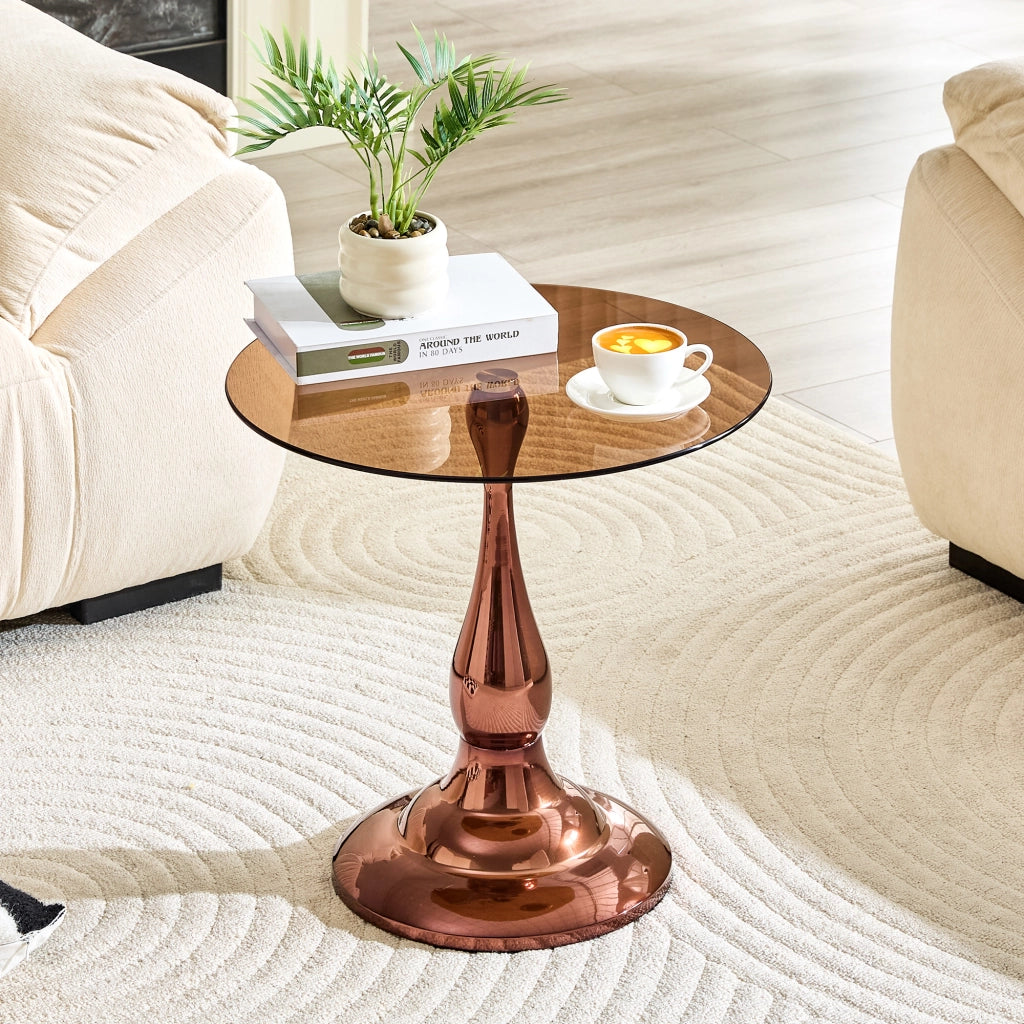 Tavolino basso in vetro temperato con base in metallo per soggiorno e camera da letto marrone diametro 50 cm