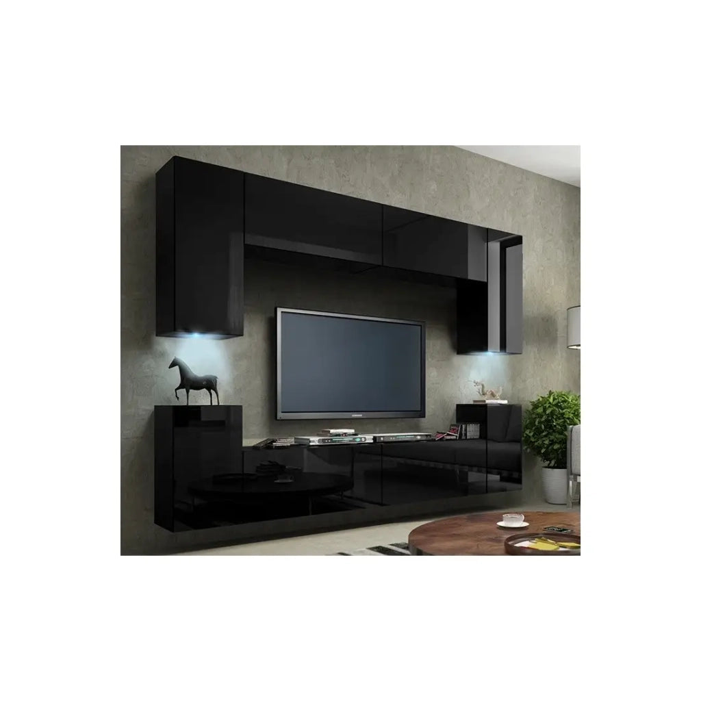 Set di mobili da soggiorno neri sospesi collezione CEPTO I 256cm, 8 porte, 6 scaffali, led, modulari.