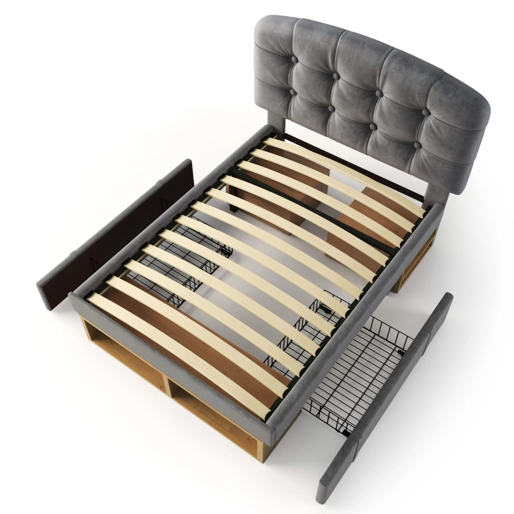 Letto singolo 90x200 in velluto grigio con testiera regolabile, cassetti e rete a doghe