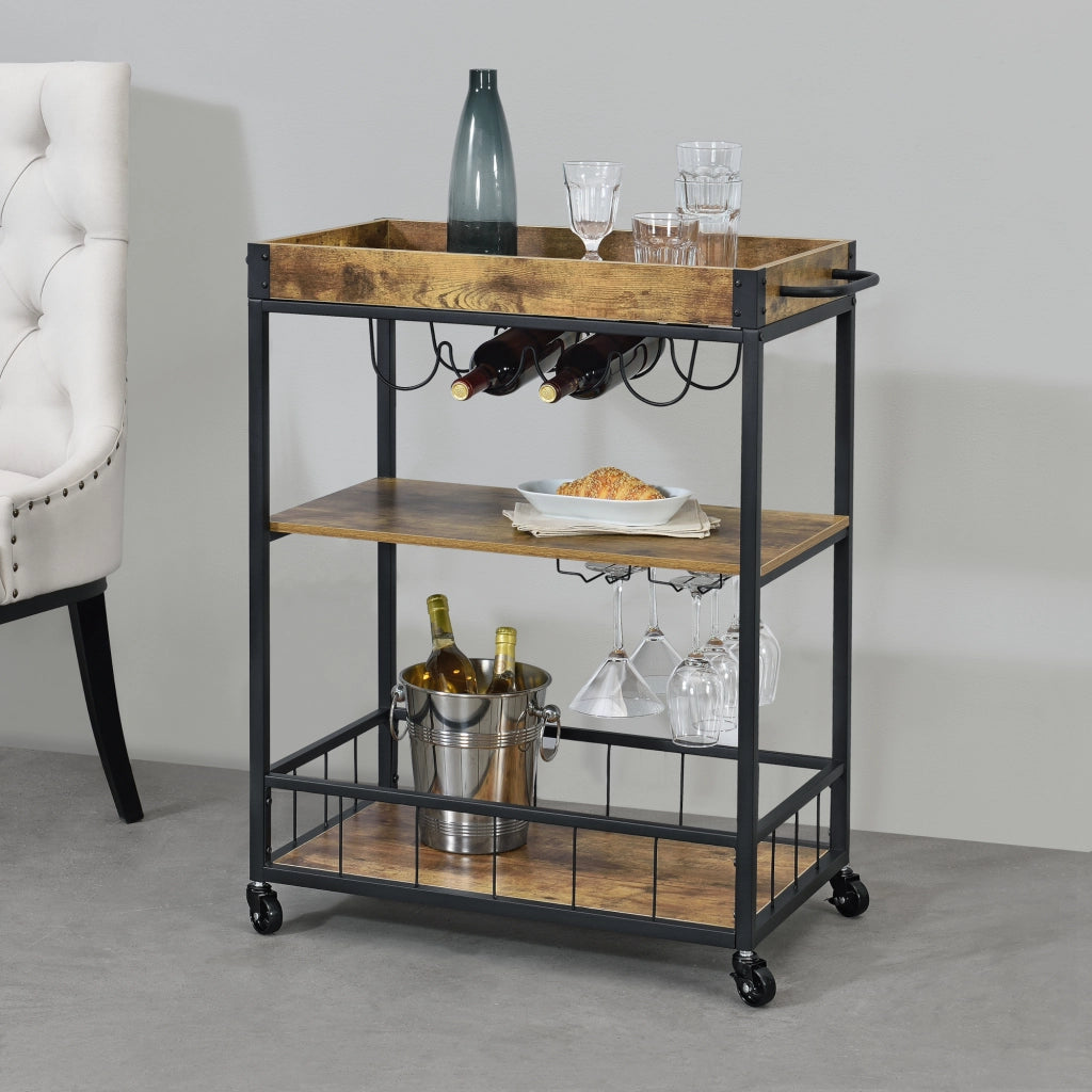 Carrello di Servizio con Vassoio Rimovibile e Ripiani in Color Legno Scuro Scaffale/Portavivande da Cucina/Mense con 4