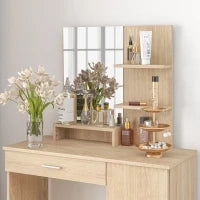 Toeletta da Camera con Armadietto, Cassetto, Specchio per Trucco e Ripiani Aperti, 90x38x138 cm, Acero
