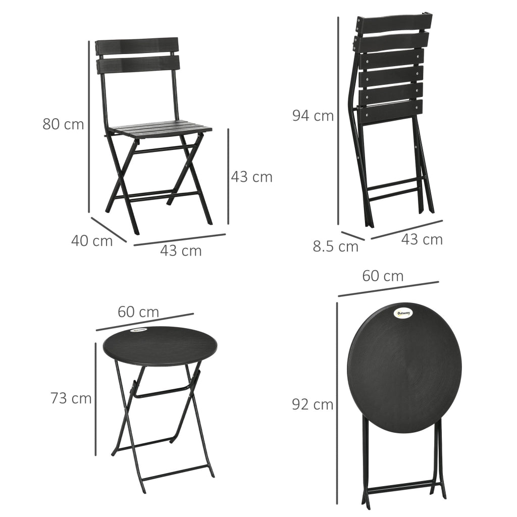 Set Tavolino e 2 Sedie Pieghevoli da Giardino in Acciaio e HDPE Grigio Scuro