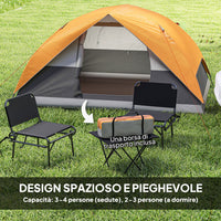 Tenda da Campeggio per 3 Persone Impermeabile 205x275x135H cm con Tasche e Gancio per Lanterna Arancione