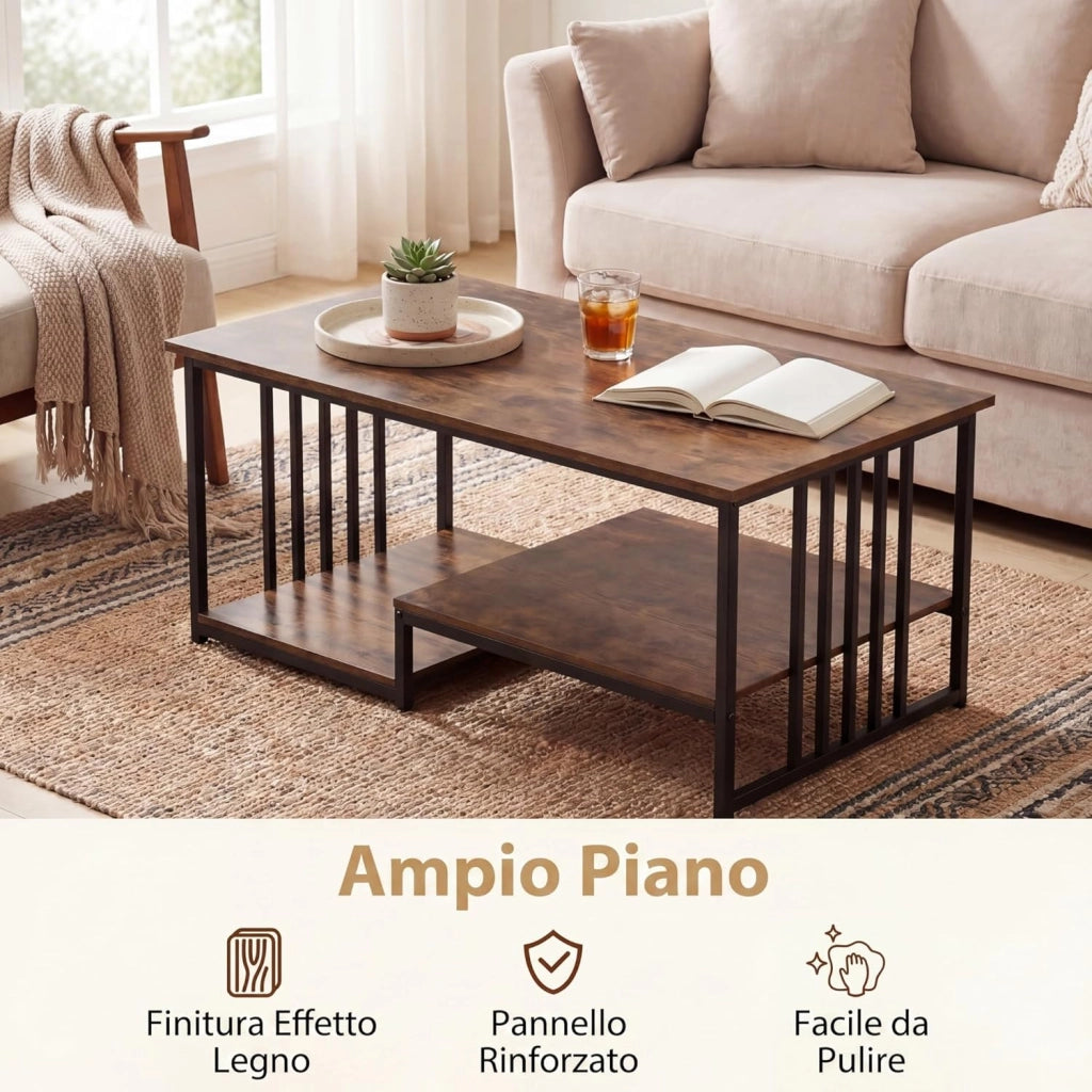 Tavolino Salotto Rettangolare, Tavolino da Salotto a 2 Livelli con Ripiano e Mensola Aperta, Gambe in Metallo Solido, Mobile Complementare per Salotto, Casa, Ufficio, 110 X 60 X 45 CM (Marrone)