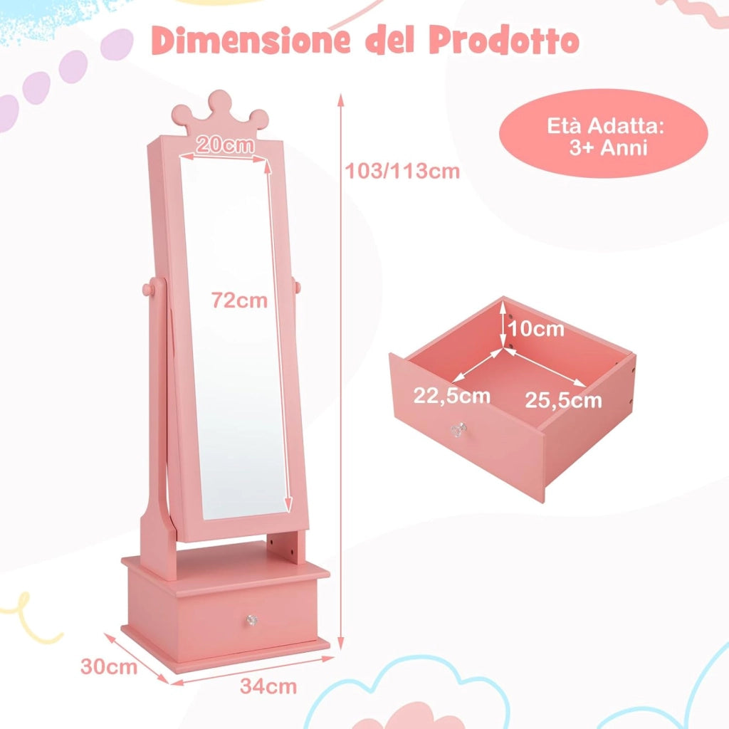 Armadio Gioielli per Bambini con Specchio, Armadietto Portagioie da Terra per Bambini con 3 Cassetti, per Bambini 3+ Anni, Ideale per Camera da Letto (Rosa)