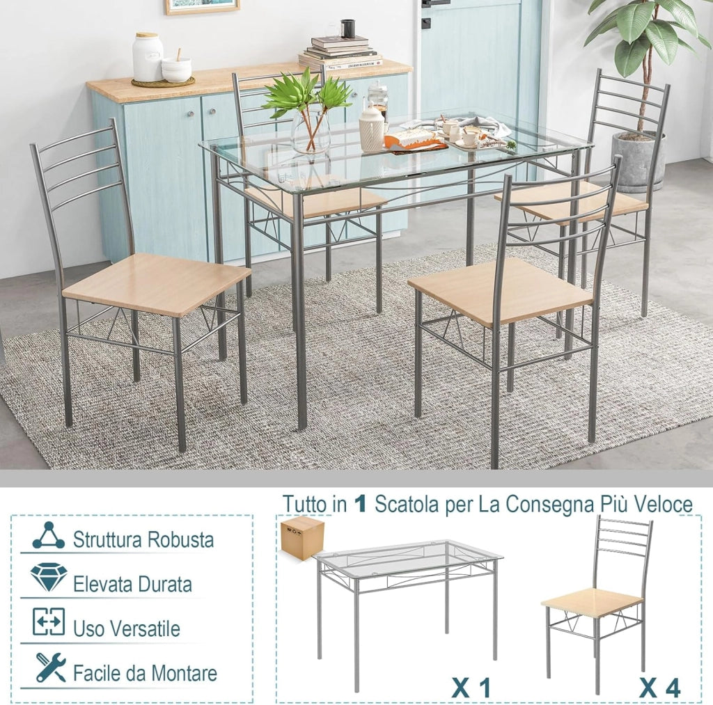 Set Tavolo e Sedie da Pranzo Moderno 5 pezzi, Tavolo Rettangolare da Cucina in Vetro e 4 Sedie con Struttura Metallica Antigraffio, Set di Mobili da Cucina e Sala da Pranzo Salvaspazio