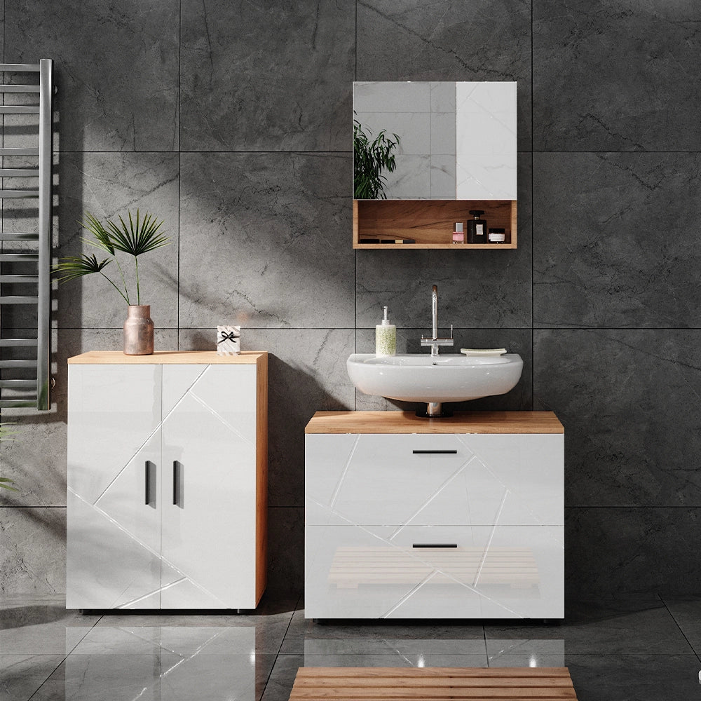 Vicco Set di mobili da bagno Bianco lucido/oro power oak 3 parti