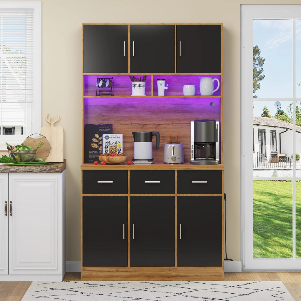 Credenza da Cucina Alta con 6 Ante; 3 Cassetti; Ripiani Regolabili; LED e Prese; in MDF; 100 x 40 x 180 cm; Naturale Nero