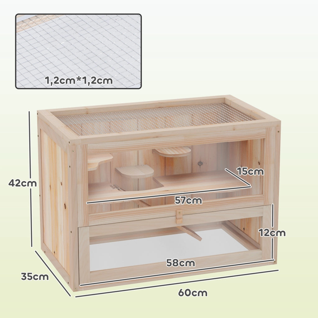 Gabbia per Criceti in Legno 2 Piani con Tetto a Gabbia Apribile ¨C zephmum ¨C 60x35x42 cm Naturale