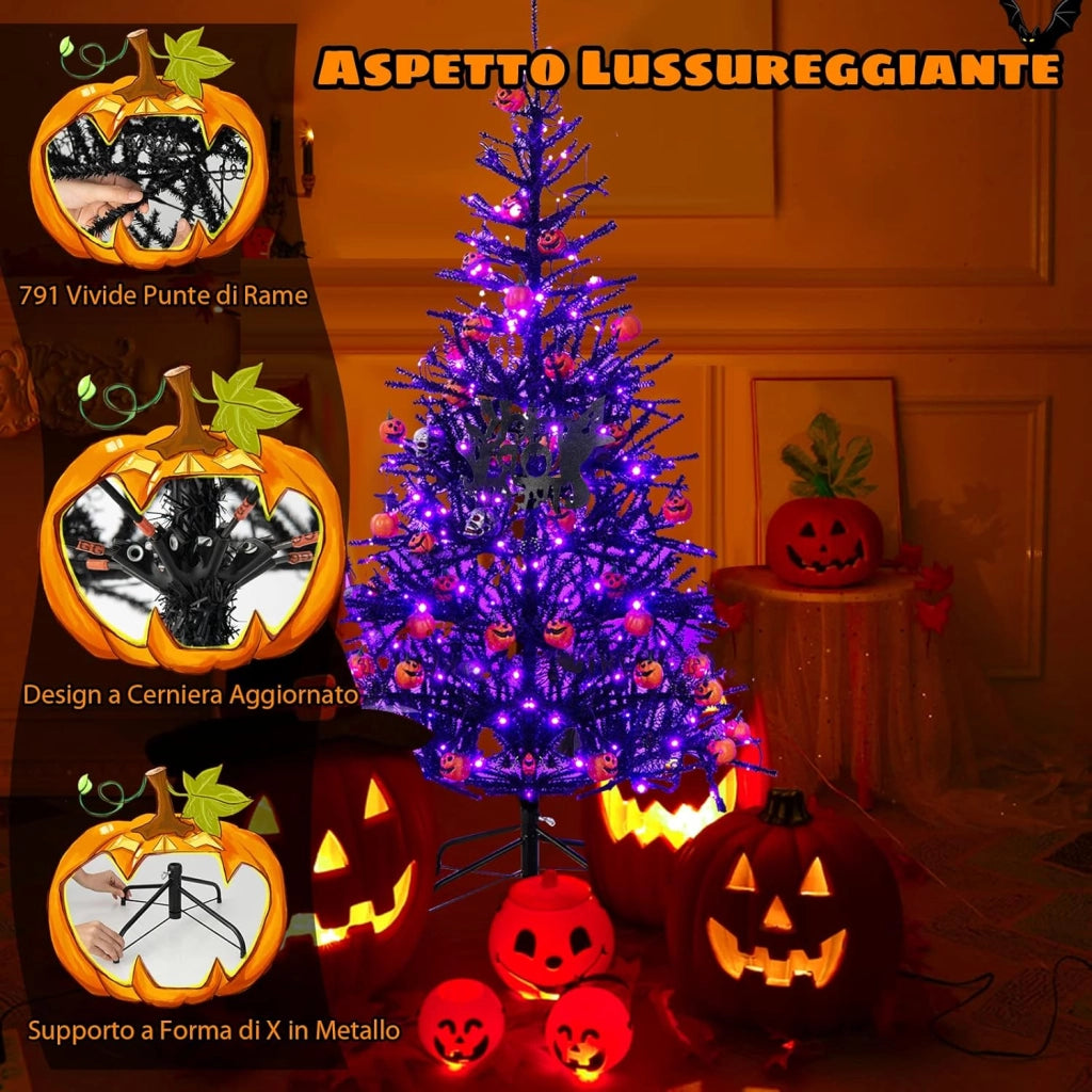 Albero di Natale Nero 183 cm, Albero di Natale Halloween con 791 Punte di Rami in PVC, 250 Luci LED e Ornamenti, Albero di Natale Artificiale con Luci per Casa, Ufficio e Scuola