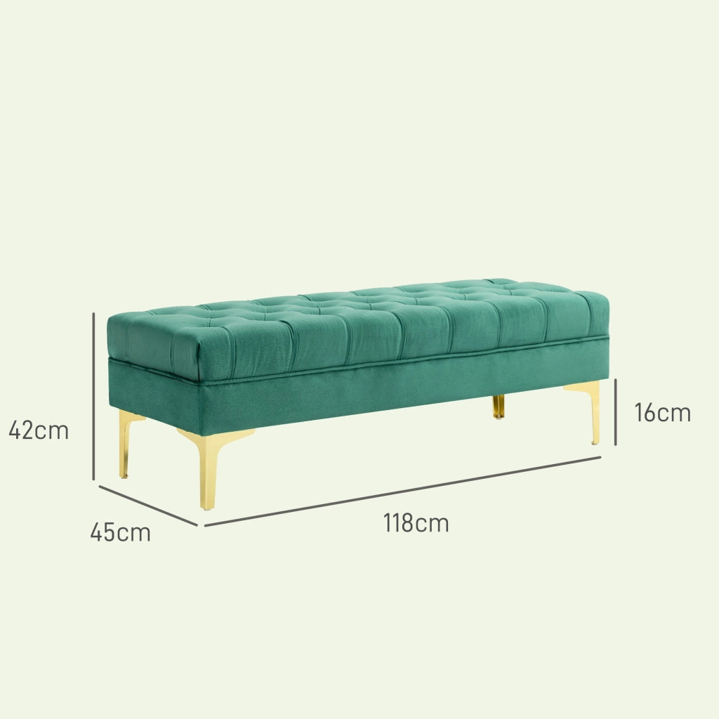 Panca Fondo Letto Imbottita con Rivestimento Trapuntato in Effetto Velluto 118x45x42 cm Verde Scuro