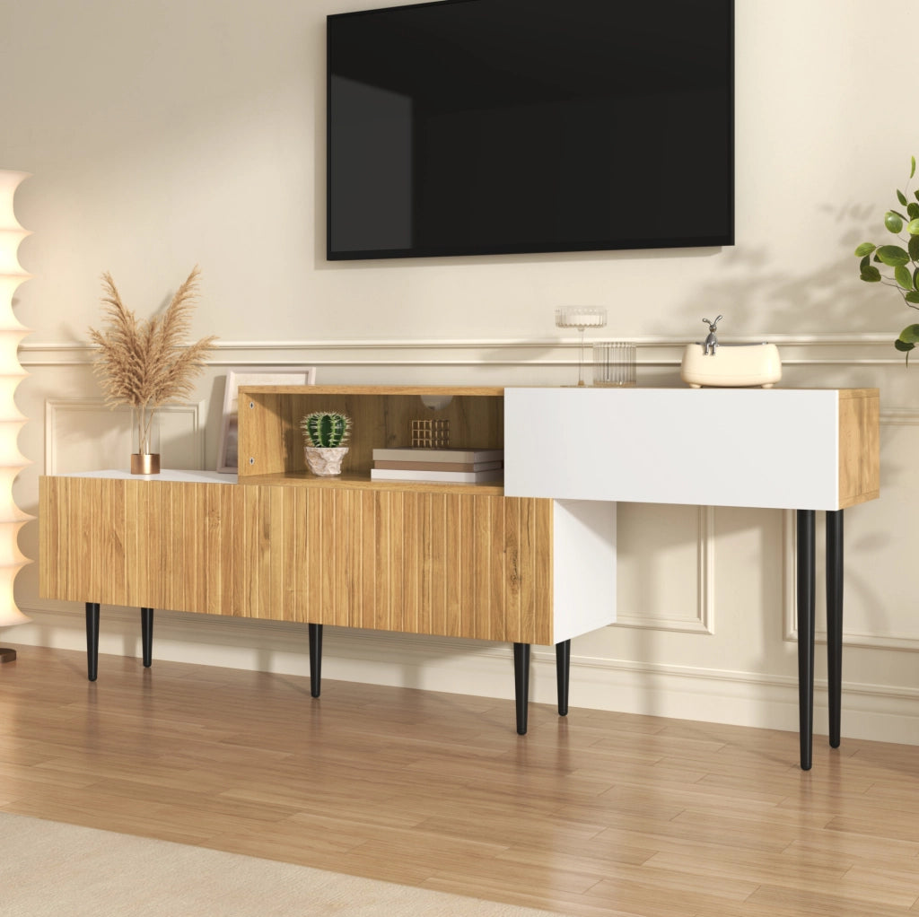 MOBILE TV modulare 240x30x63,5 cm Bianco e legno Set da 2 pezzi