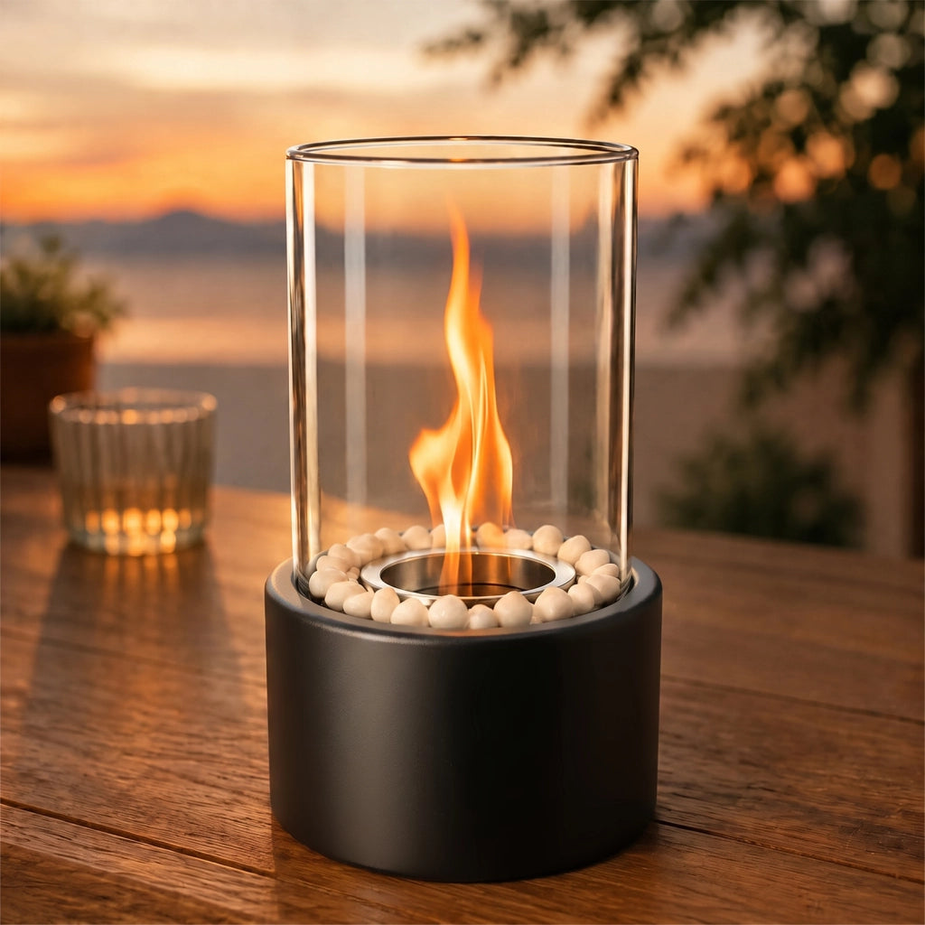 ZMH Camino da tavolo portatile a bioetanolo rotondo e nero 12.3x21cm decorativo per interni ed esterni