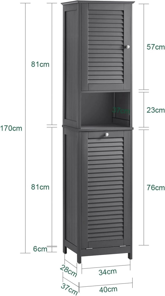 Mobile Bagno Colonna Salvaspazio con Portabiancheria Armadietto Alto e Stretto per Ambienti Compatti, Mobiletto con Ripiani, Mobile Multiuso Grigio 40x170x38 cm BZR124-DG