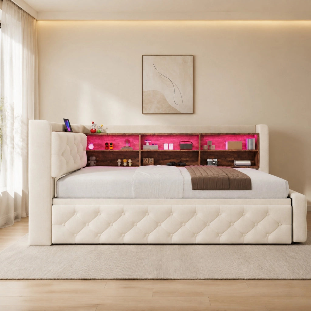 Letto a Divanetto 90x190 cm - Estraibile; LED; USB e Type-C - in Velluto - Beige