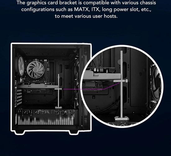 Supporto per scheda grafica - Adattamento di dissipazione - Supporto verticale per scheda grafica con magneti - Lega di alluminio - Schede ITX e MATX - Fessura di alimentazione lunga.