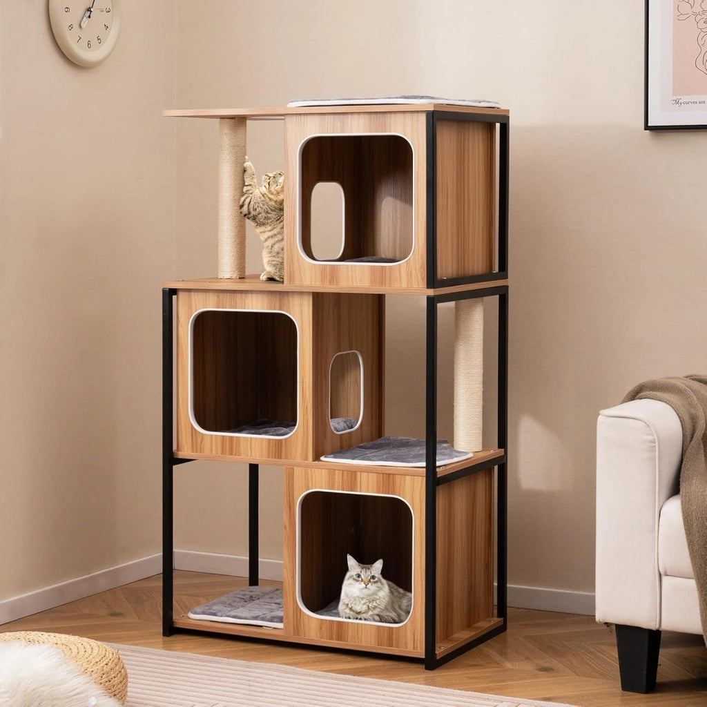 Tiragraffi per Gatti con Struttura in Metallo 75 x 45 x 133cm, Torre Moderno da Interno con Piattaforma Superiore Imbottita, Cuscini Rimovibili e Tiragraffi, Mobile per Animali Domestici