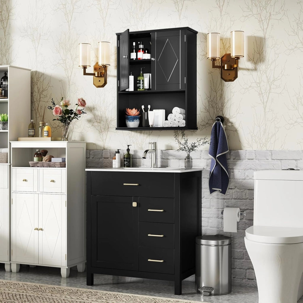 Mobile da Bagno da Parete, Mobiletto Salvaspazio a Muro a 2 Ante con Ripiano Aperto e Ripiano Regolabile, Armadietto per Cucina, Soggiorno e Ingresso, 60 x 21 x 75 cm (Nero)