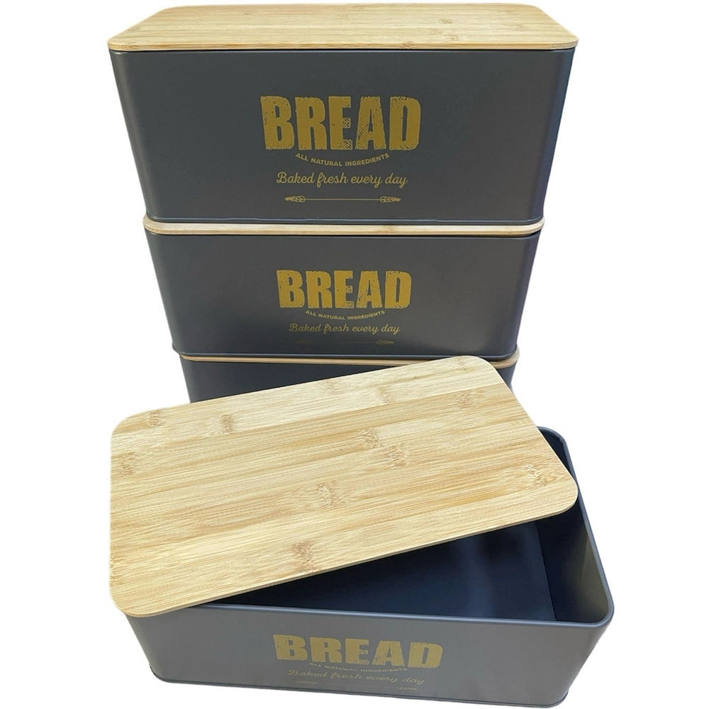Trade Shop - Contenitore Portapane Vintage Nero Coperchio Tagliere In Legno Latta Alimenti -