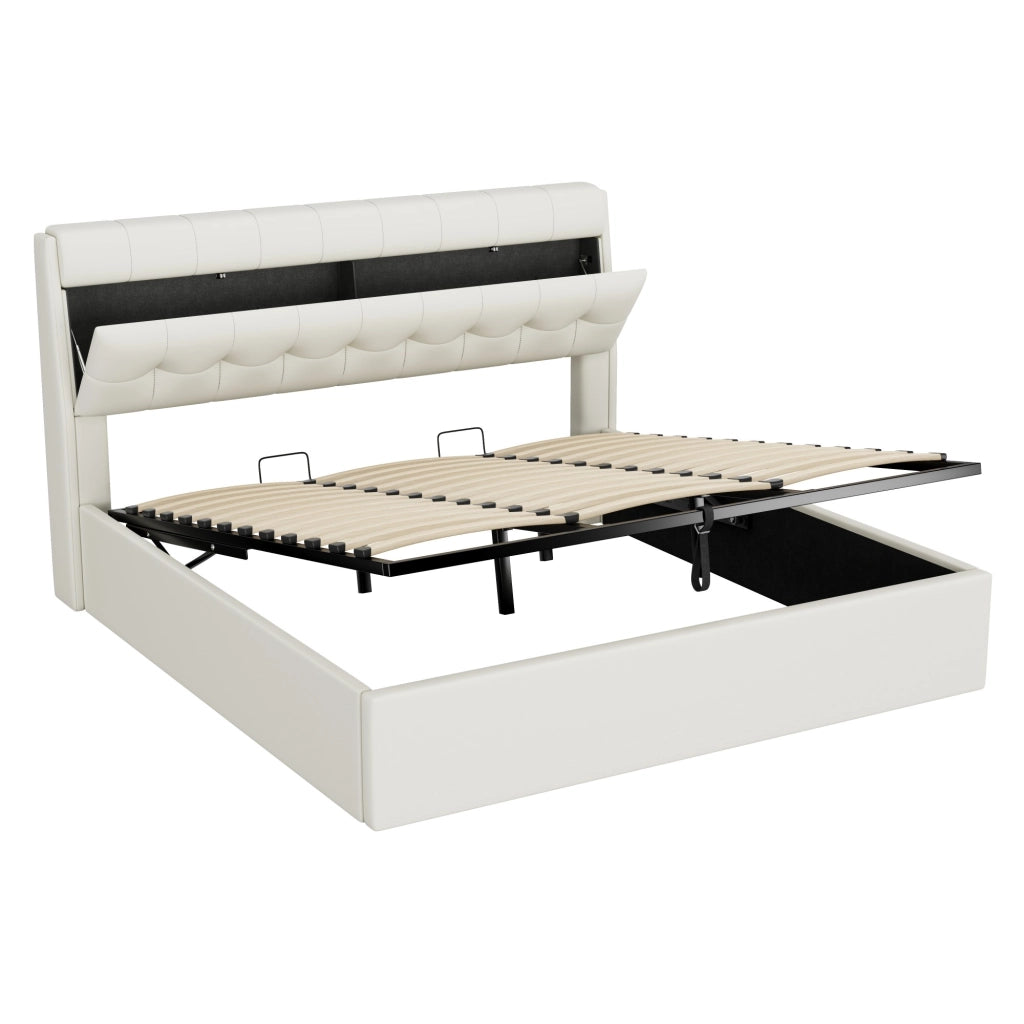 Letto imbottito elegante - Zephmum - 180x200 - Bianco - Idraulico, con testiera e contenitore