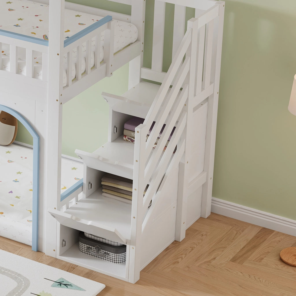 Letto a Castello 90 x 200 cm - Scala con Contenitore; Sponde e Spazio Sottoletto - Bianco e Blu