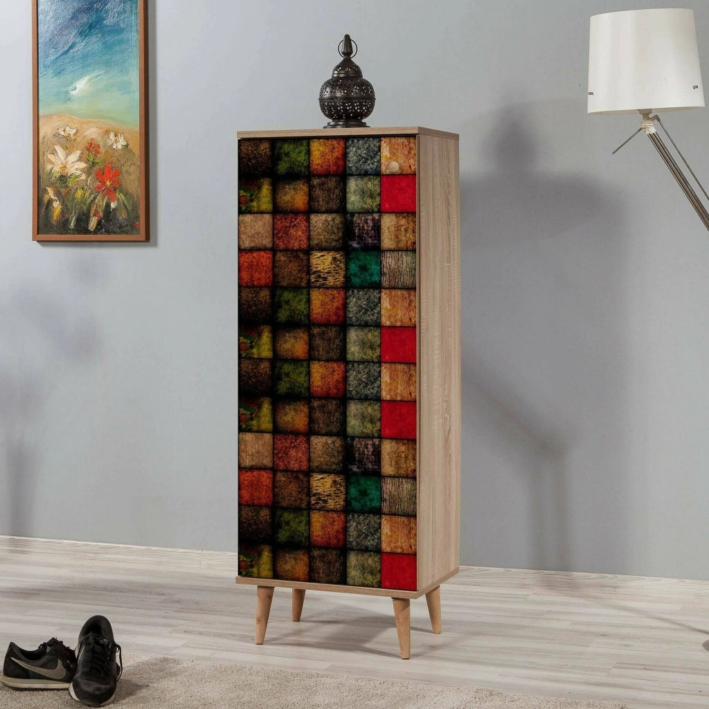 Scarpiera Giadeite, Mobile portascarpe, Armadio da ingresso multiuso, Mobiletto per calzature, 50x38h135 cm, Quercia e Multicolore