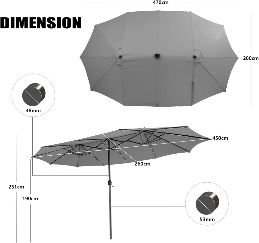 Ombrellone da Giardino Doppio 470 x 280 x 246,5 cm con LED, Ombrellone Rettangolare con Manovella, Ombrellone da Balcone Grande, Ombrellone da Patio per Piscina, Cortile senza Base