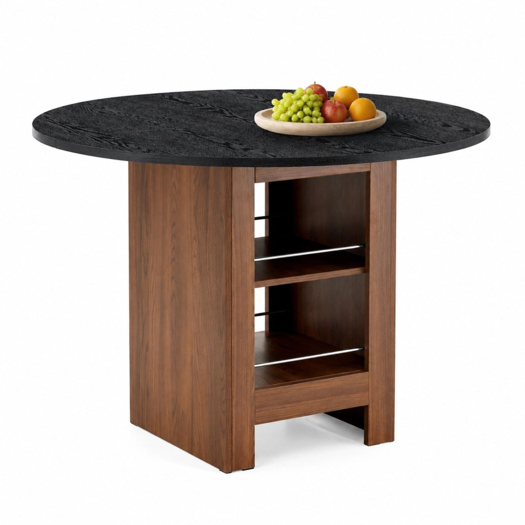 Tavolo da pranzo rotondo con vani portaoggetti; ?100 x 76 cm; MDF nero ed effetto noce