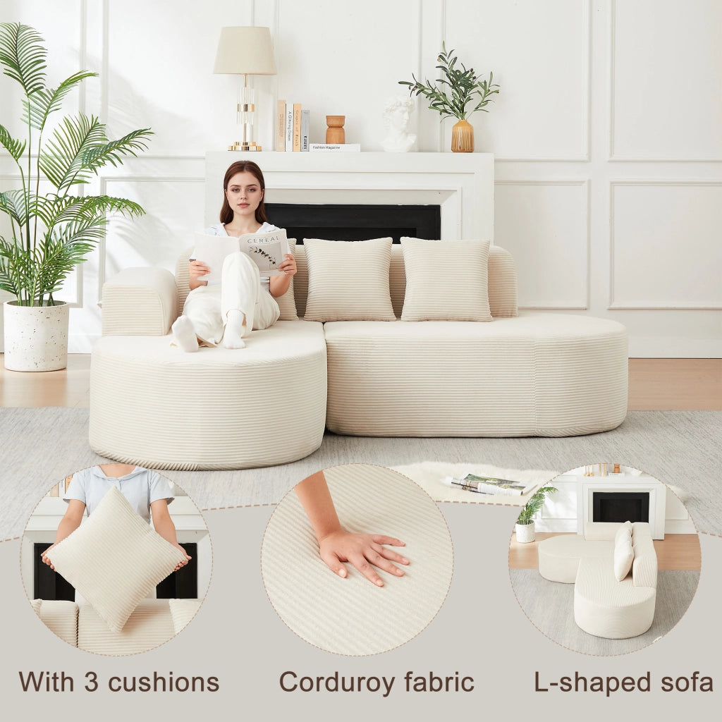 Divano angolare modulare in velluto a coste con schienale e braccioli curvi senza montaggio beige 220 × 155 × 70 cm