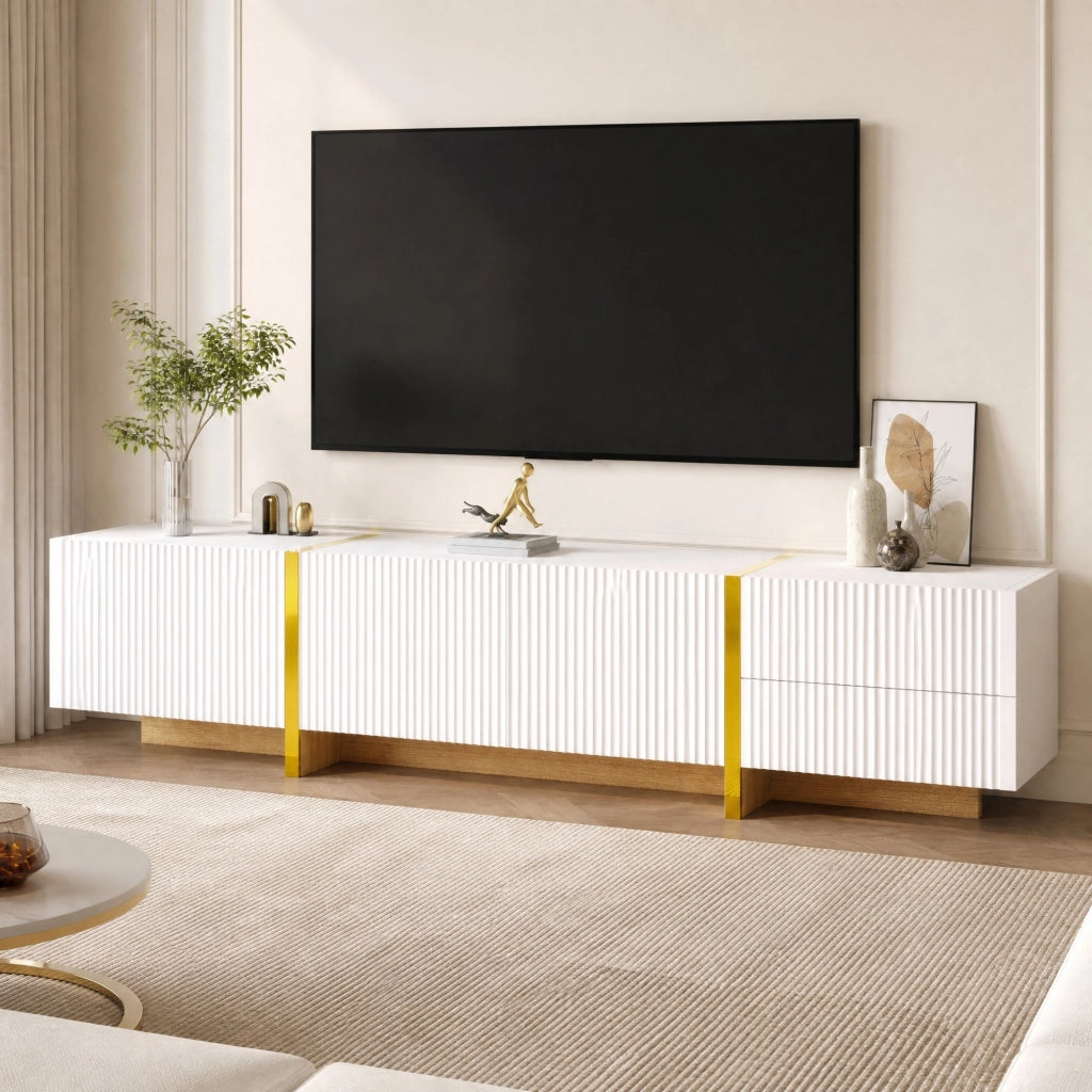 Mobile porta TV con 3 ante e 2 cassetti in MDF e pannello truciolare bianco e oro con venatura legno 190 × 35 × 45 cm