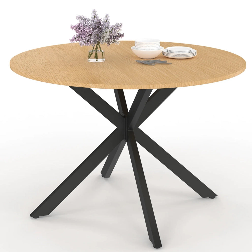 IDMarket - Tavolo da giardino rotondo MESSINA, 120 cm, 6 posti, gamba a ragno, piano in metallo effetto legno