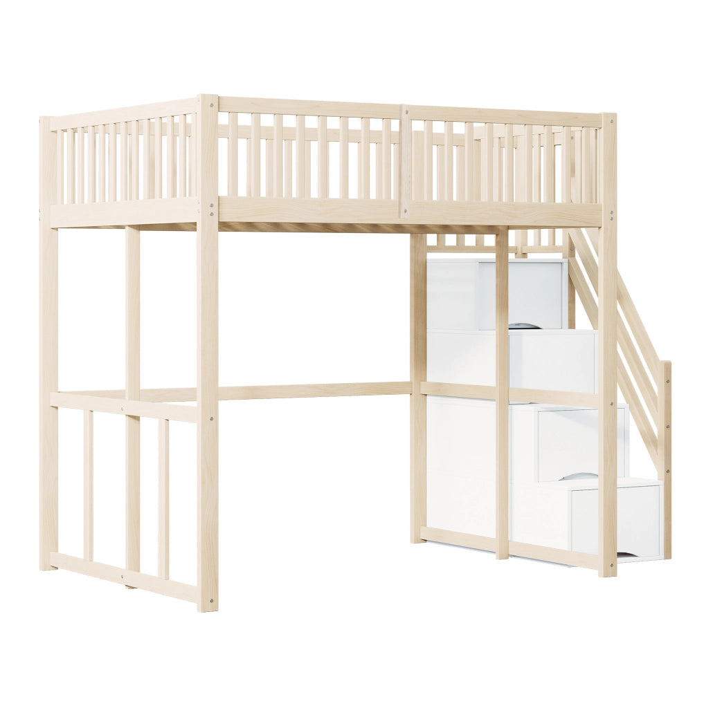Letto a soppalco 140x200 cm in legno con scala contenitore e protezione