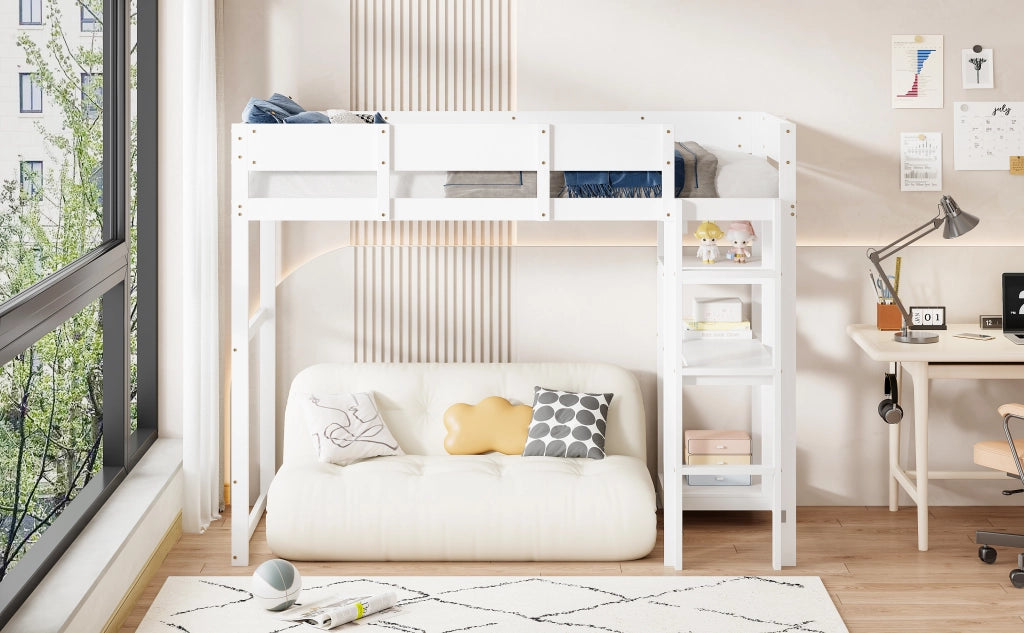 DESMIU Letto a Soppalco Singolo con Scaffale e Sponde, 90 × 200 cm, Senza Materasso, in Legno, Bianco