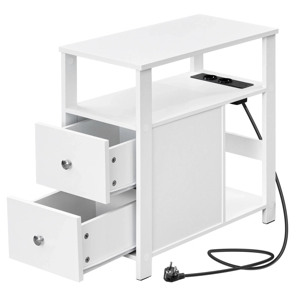 Tavolino stretto con presa; 2 cassetti e 2 ripiani; 60x60x30 cm; bianco