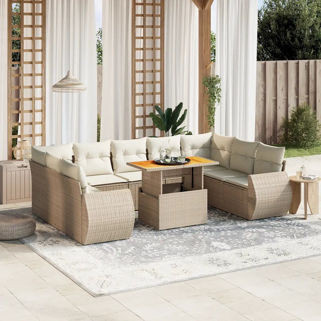 Set Divano da Giardino 10 pz con Cuscini Beige in Polyrattan