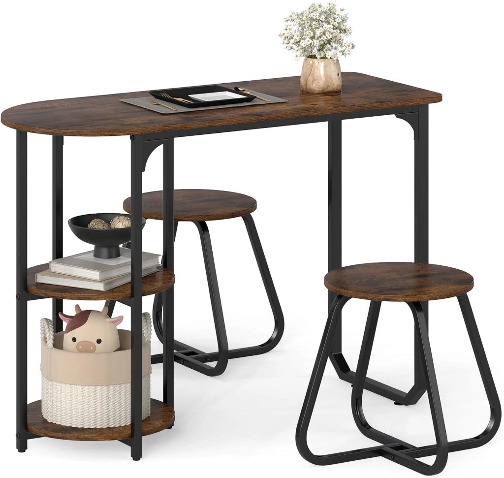 Set da Pranzo Industriale 3 Pezzi, Tavolo da Cucina in Legno con 2 Sgabelli e Ripiani Portaoggetti, Set da Pranzo Salvaspazio per Appartamenti, Cucina e Soggiorno (Nero)