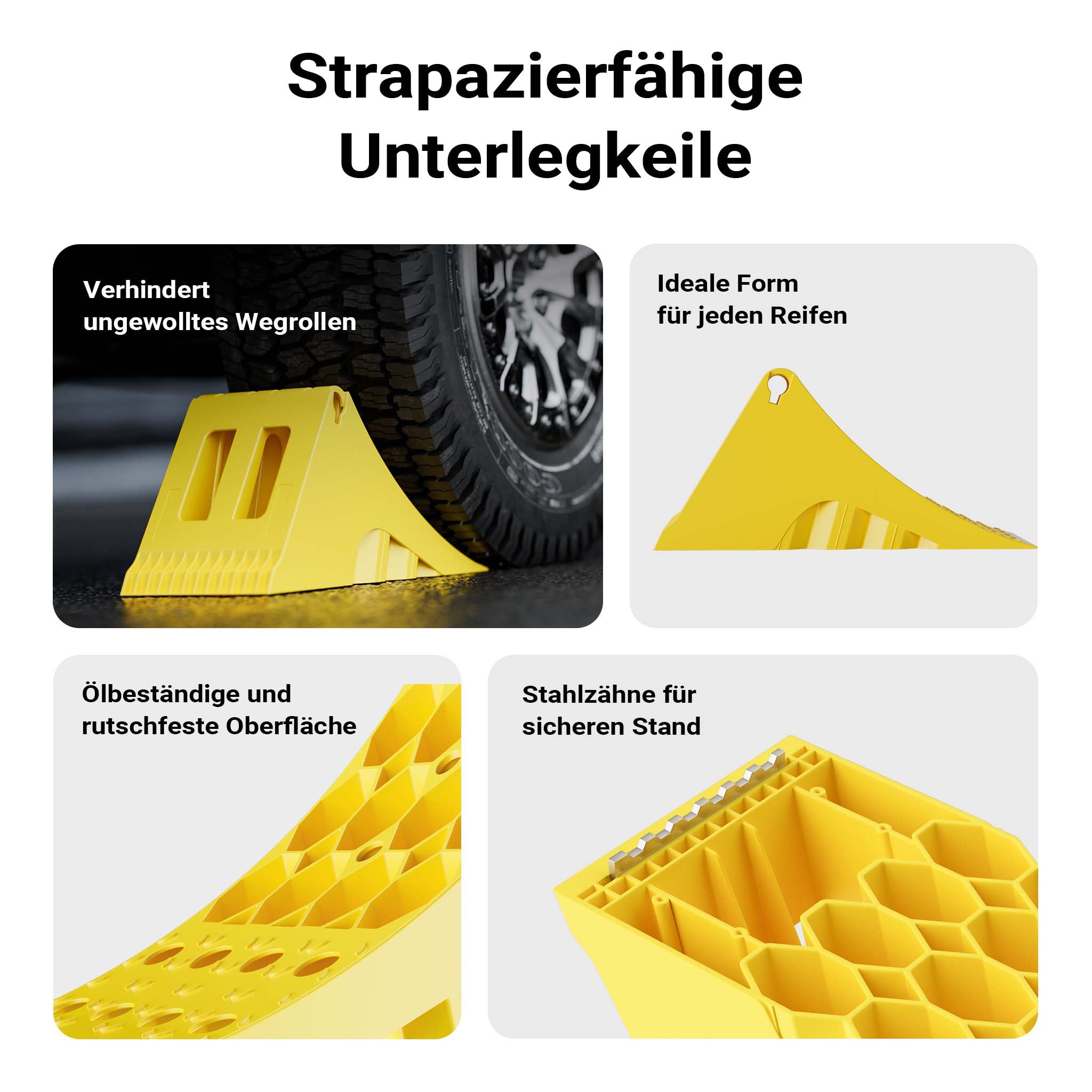 Cunei fermaruota, set di 2 cunei per ruote, capacità 6,5 t/coppia, per autocarri e rimorchi, con piastra dentellata in metallo