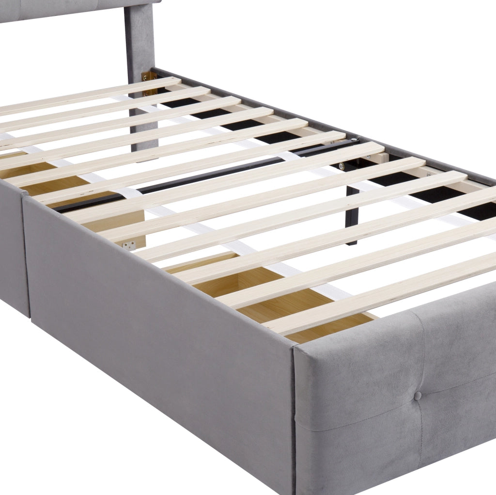 Letto imbottito 90x200 cm con cassetto; rete a doghe; velluto grigio (Senza materasso)