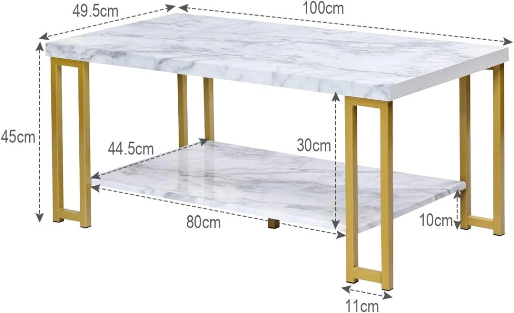 Tavolino da Caffè a 2 Livelli, Tavolo Portaoggetti Solido, Stile Moderno, Adatto per Soggiorno, Ufficio, Camera da Letto,100x50x45 cm, Bianco+Oro