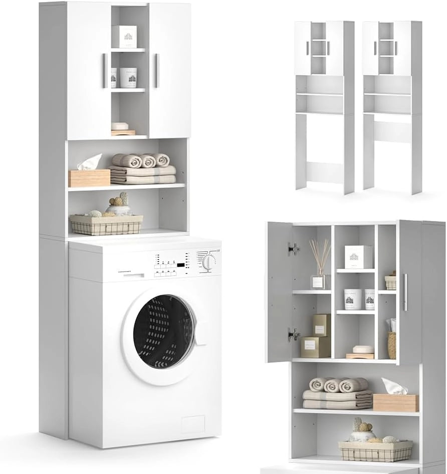 Mobile per lavatrice Luis, Bianco, 64 x 190 cm, per la conservazione di detersivi e accessori da bagno