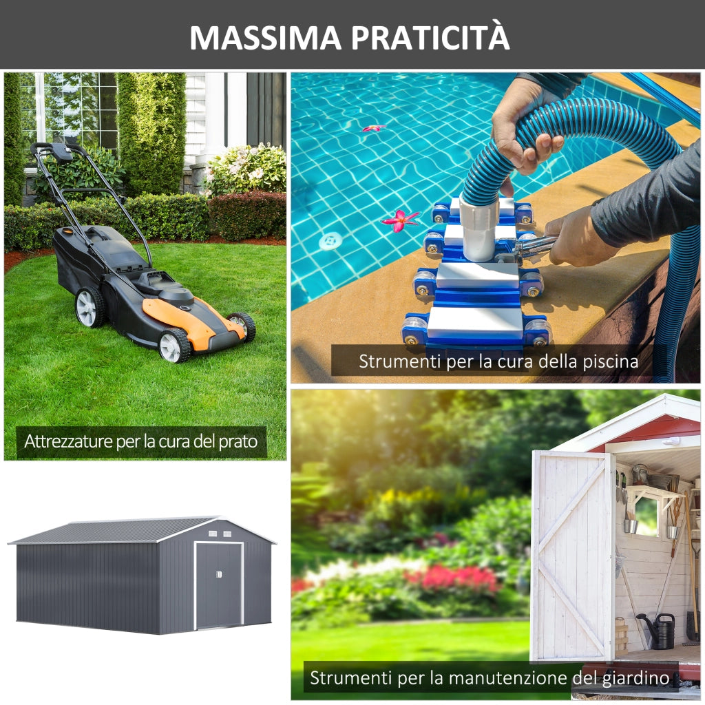 EasyComfort Casetta da Giardino 12.4m² con Fondazione, 4 Prese d'Aria e 2 Porte Scorrevoli, Capanno Porta Attrezzi in Lamiera d'Acciaio, 340x386x200 cm, Giallo