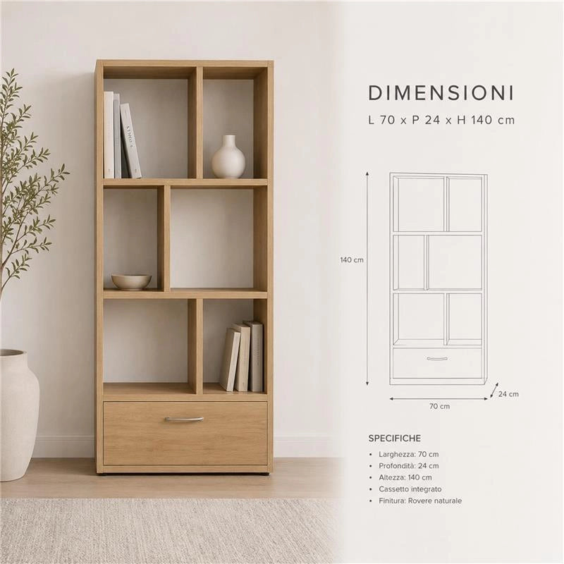 LIBRERIA IN MDF ROVERE CON RIPIANI SFALSATI E CASSETTONE MISURE: 70X24X140 CM