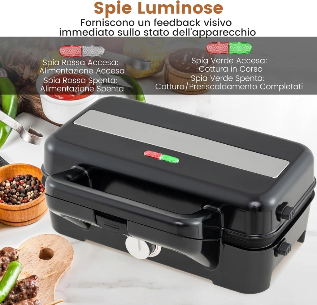 3 in 1 Tostapane Piastra, Griglia Elettrica Rimovibile 1200W, con Spie Indicatrici e Manico Cool Touch, Riscaldamento Bifacciale con 5 Livelli di Temperatura, Piastra Antiaderente, 29x31 cm