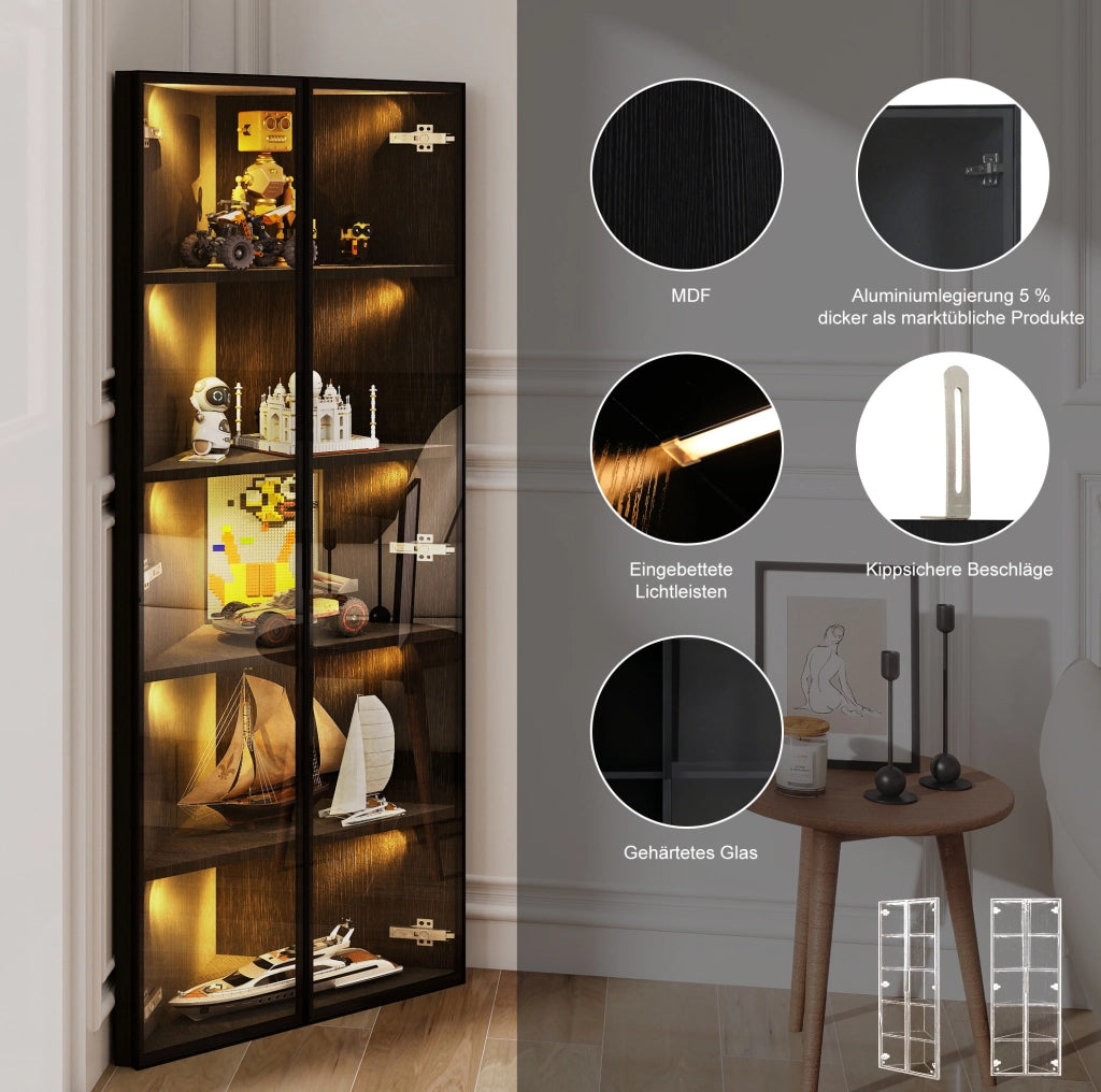 Vetrina angolare LED 62 x 35 x 160 cm in MDF e vetro nero
