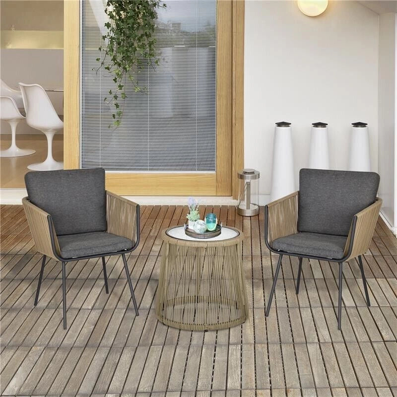 SET 2 POLTRONCINE CON TAVOLINO DA ESTERNO IN PE RATTAN CACHI E GRIGIO