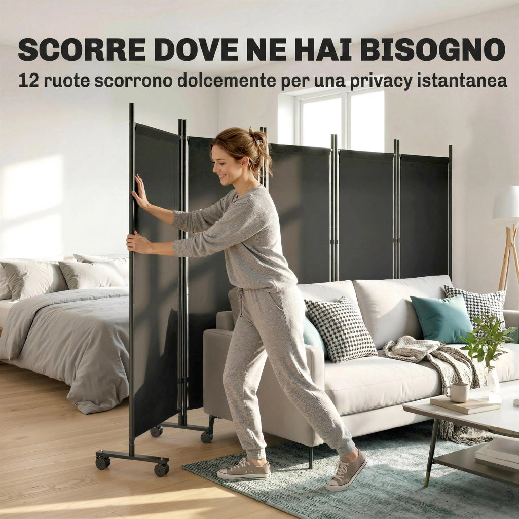 Divisorio a 5 Pannelli con Ruote ¨C Zephmum ¨C Nero Acciaio 80x30x