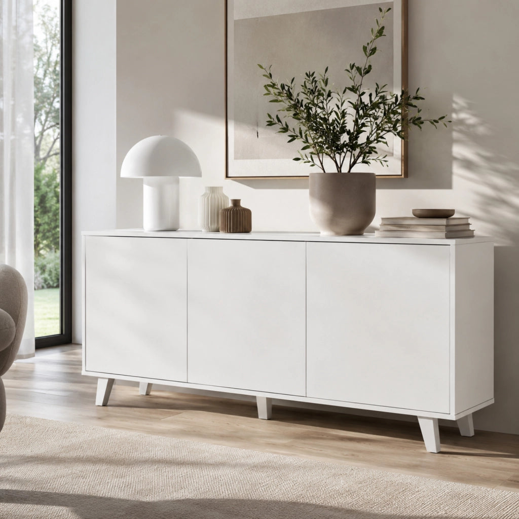 Madia Moderna 3 Ante Senza Maniglie Credenza Mobile Contenitore Design Minimal Con Piedini Rialzati Per Zona Living 154 X 72 X 40 Cm Bianco