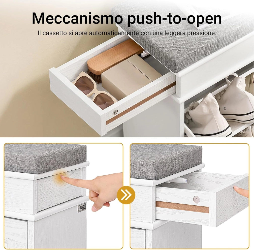 Scarpiera Salvaspazio Slim con Seduta Panca Scarpiera da Ingresso Contenitore in Legno Mobile Ingresso per Scarpe, 104x24x54cm Effetto Legno Invecchiato Bianco FSR64-WG