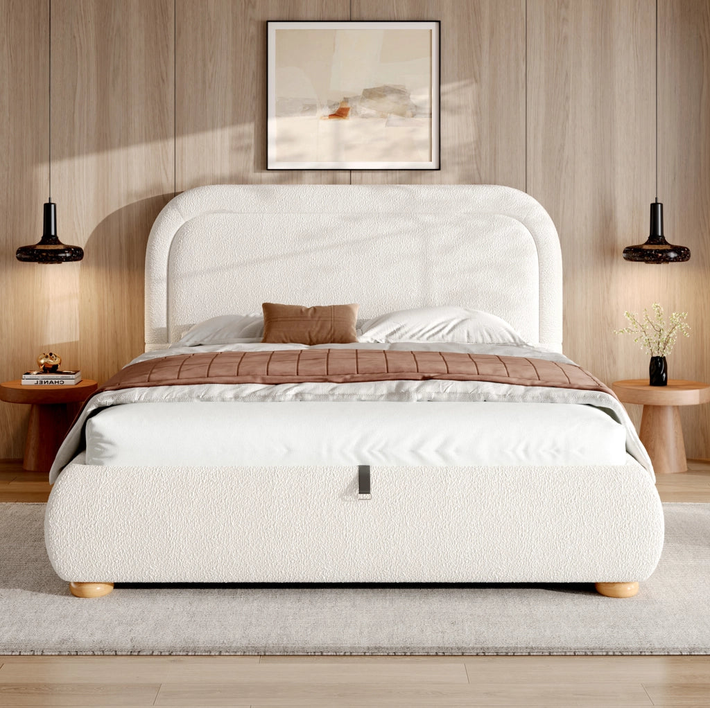 Letto contenitore con rete a doghe in bouclé bianco